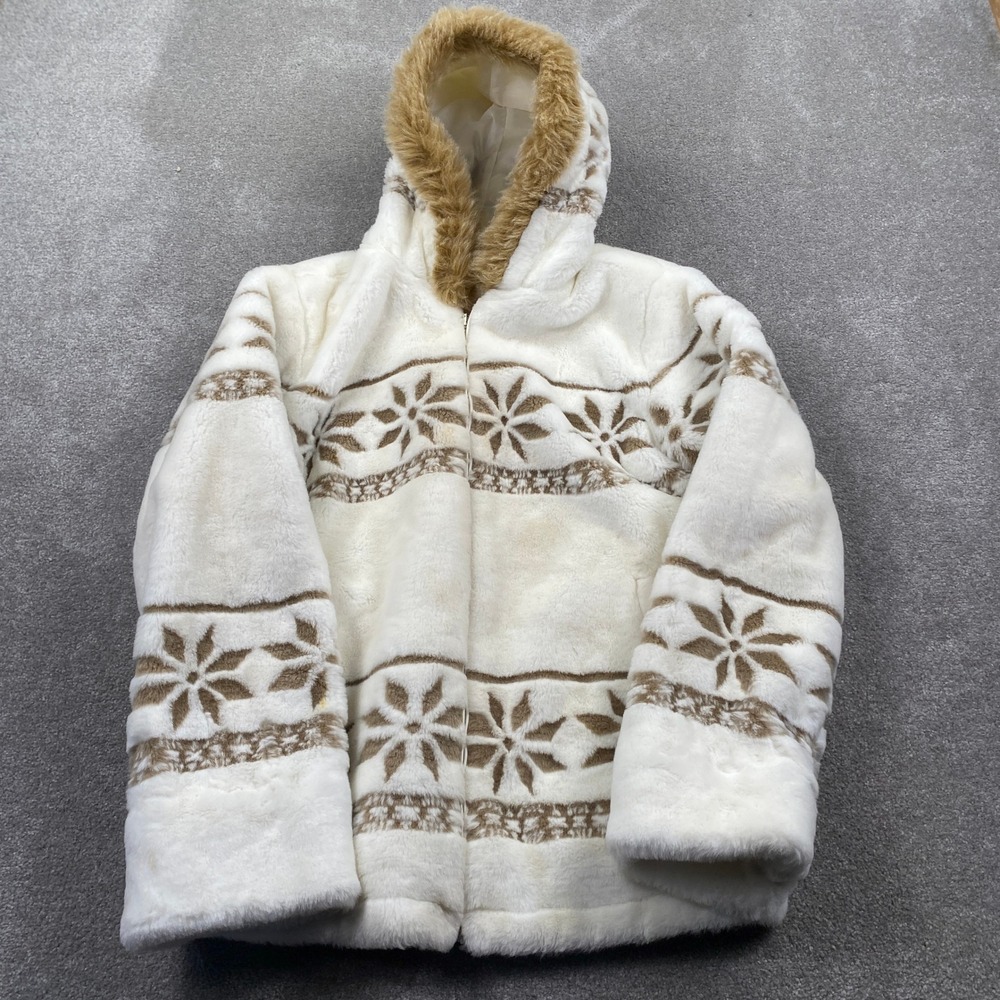 New York Classics Faux Fur Snowflake‎ Print Hooded Jacket Womens Size L